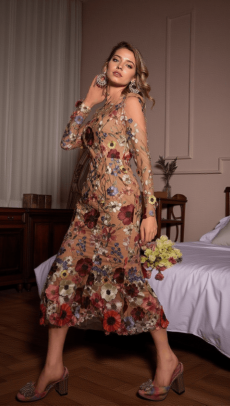 SAIGE LONG SLEEVE MESH FLOWER MERMAID DRESS IN BLUSH