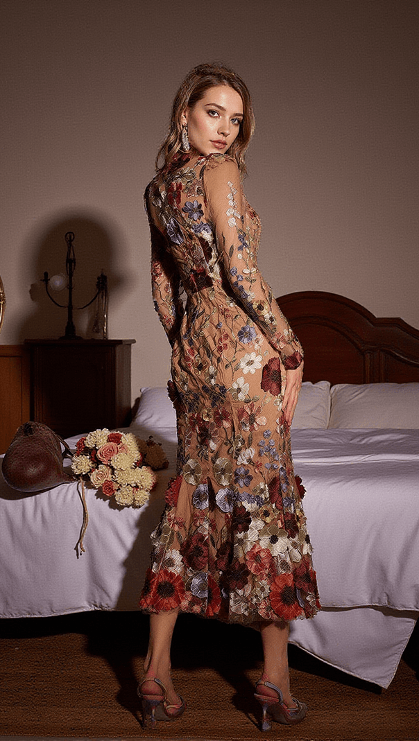 AIIZIE SAIGE LONG SLEEVE MESH FLOWER MERMAID DRESS IN BLUSH - product image