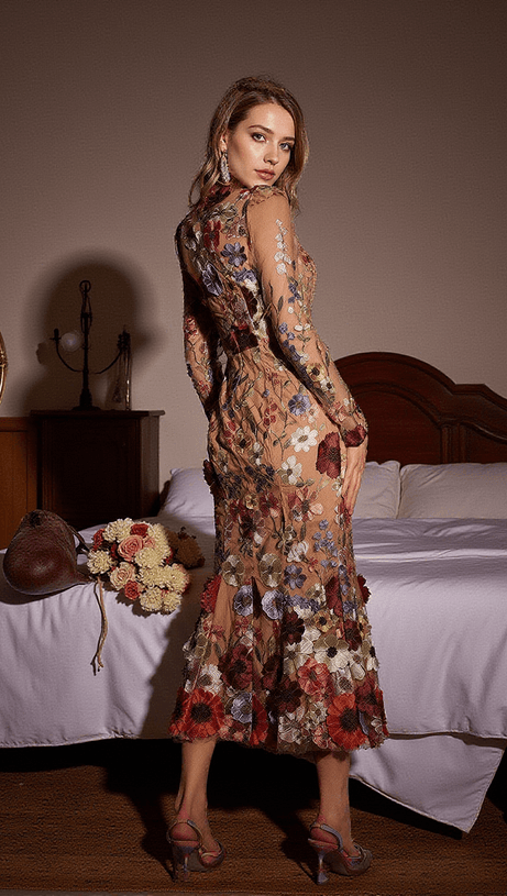 SAIGE LONG SLEEVE MESH FLOWER MERMAID DRESS IN BLUSH