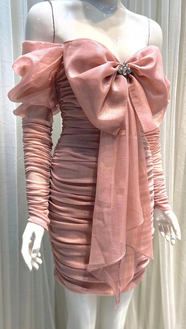 Pink Bowknot Long Sleeve Mini Dress