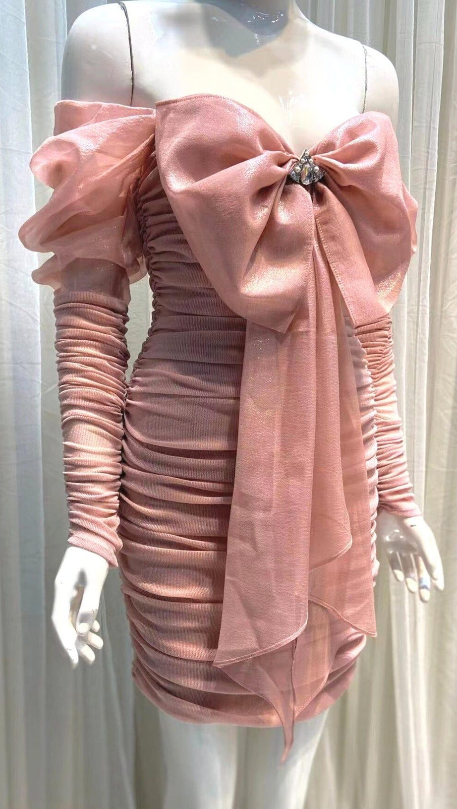 PINK BOWKNOT LONG SLEEVE MINI DRESS