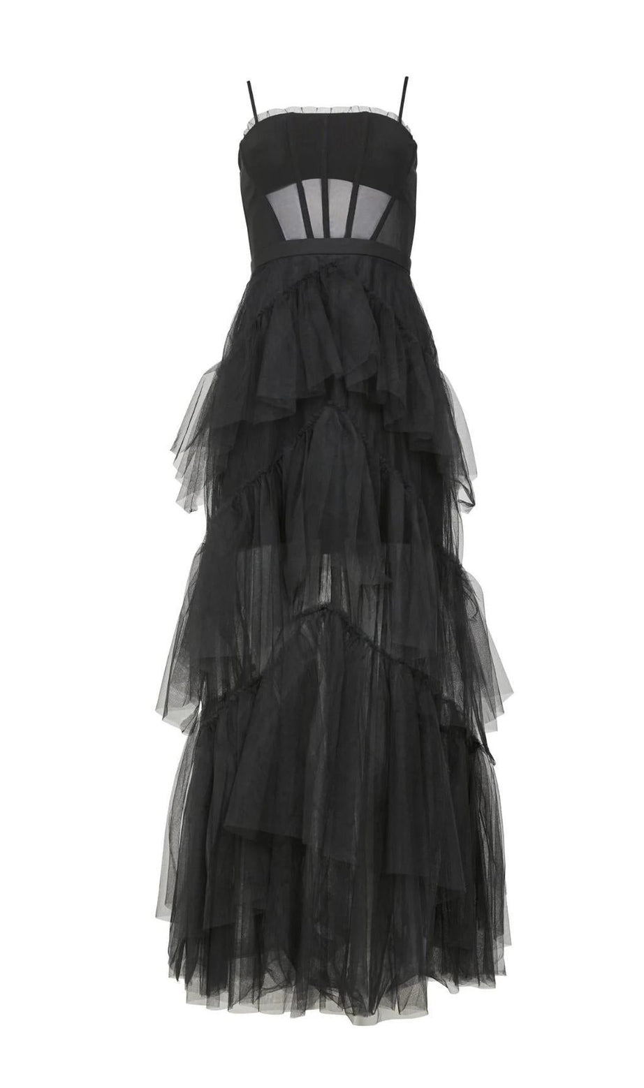 Maxi-Abendkleid aus gestuftem Tüll mit Rüschen