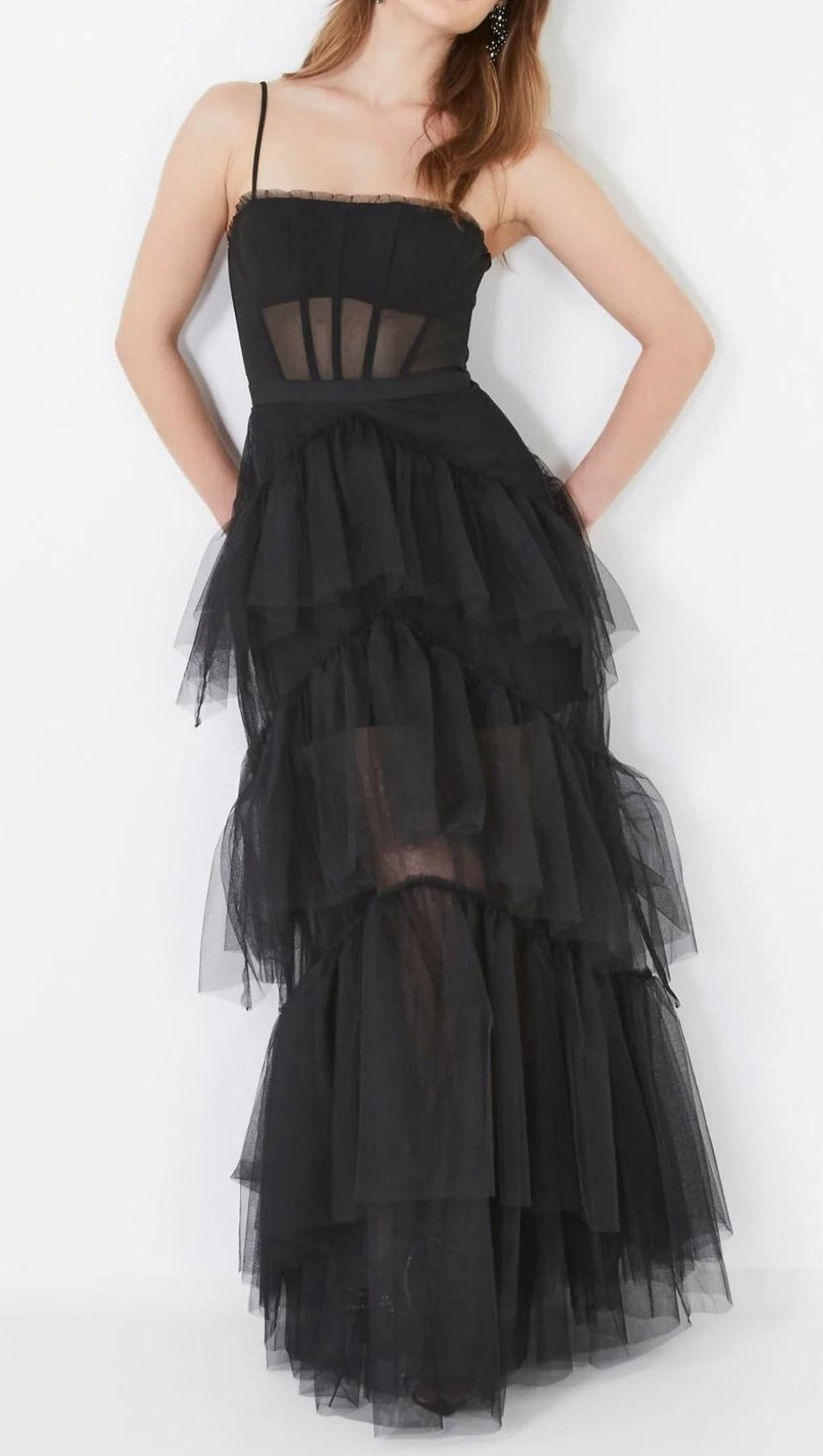 TIERED RUFFLE TULLE EVENING MAXI DRESS