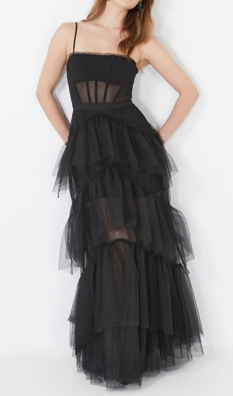 TIERED RUFFLE TULLE EVENING MAXI DRESS