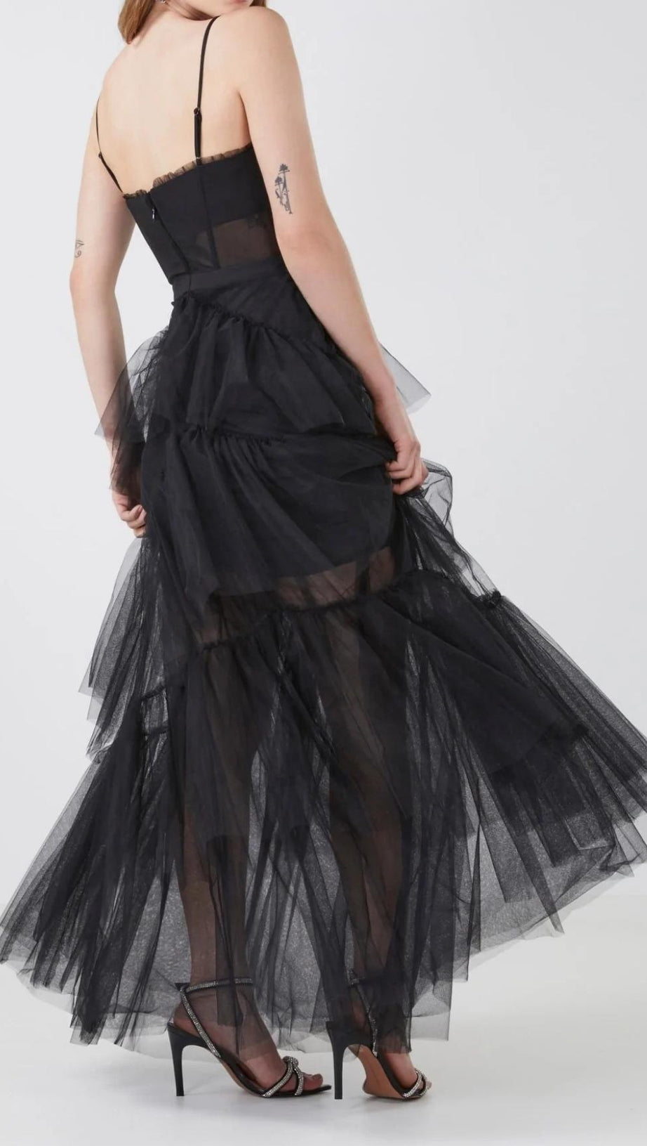 TIERED RUFFLE TULLE EVENING MAXI DRESS