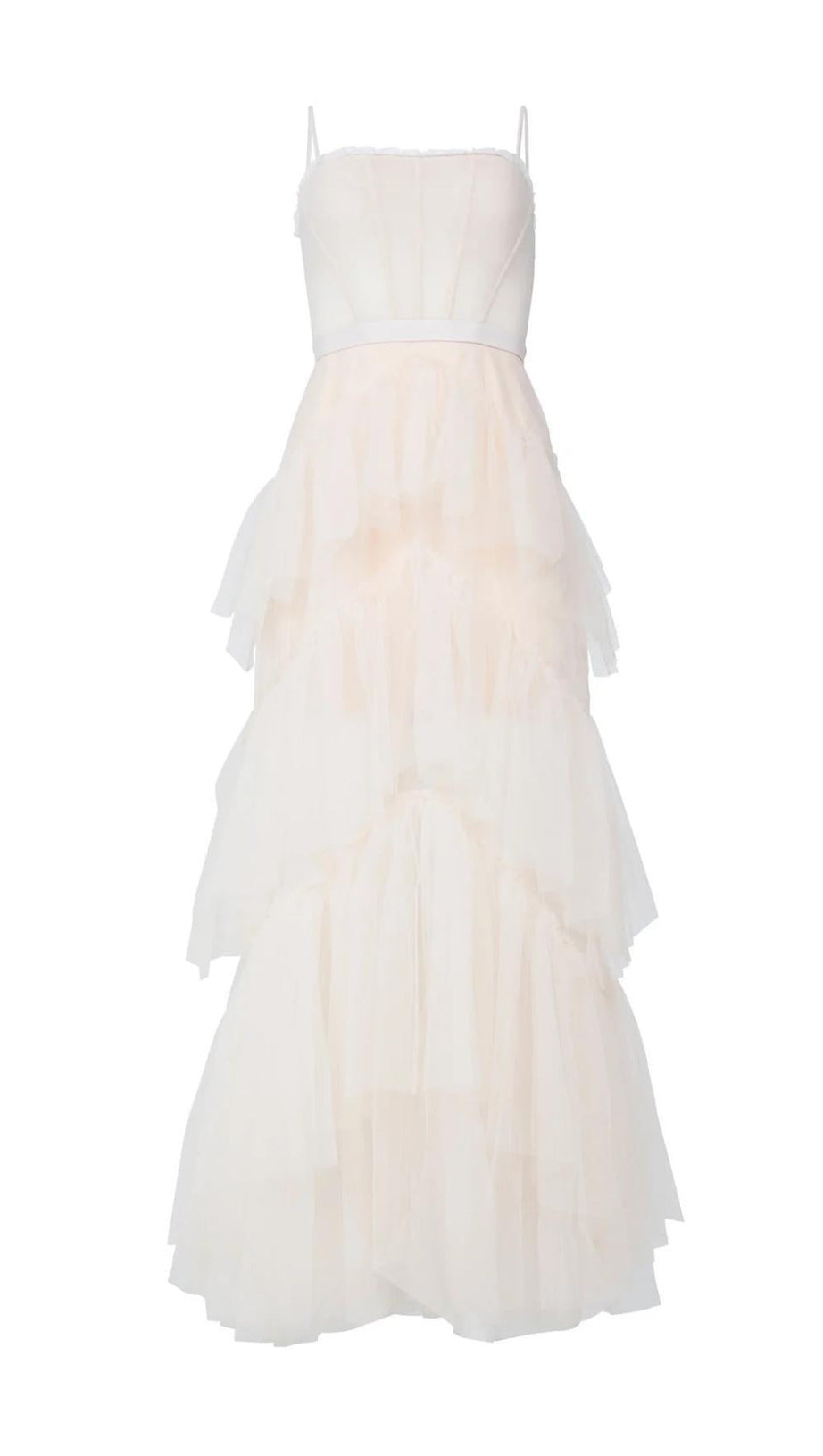 TIERED RUFFLE TULLE EVENING MAXI DRESS