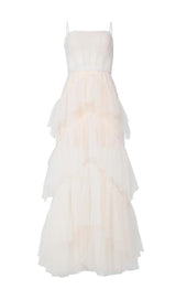 TIERED RUFFLE TULLE EVENING MAXI DRESS