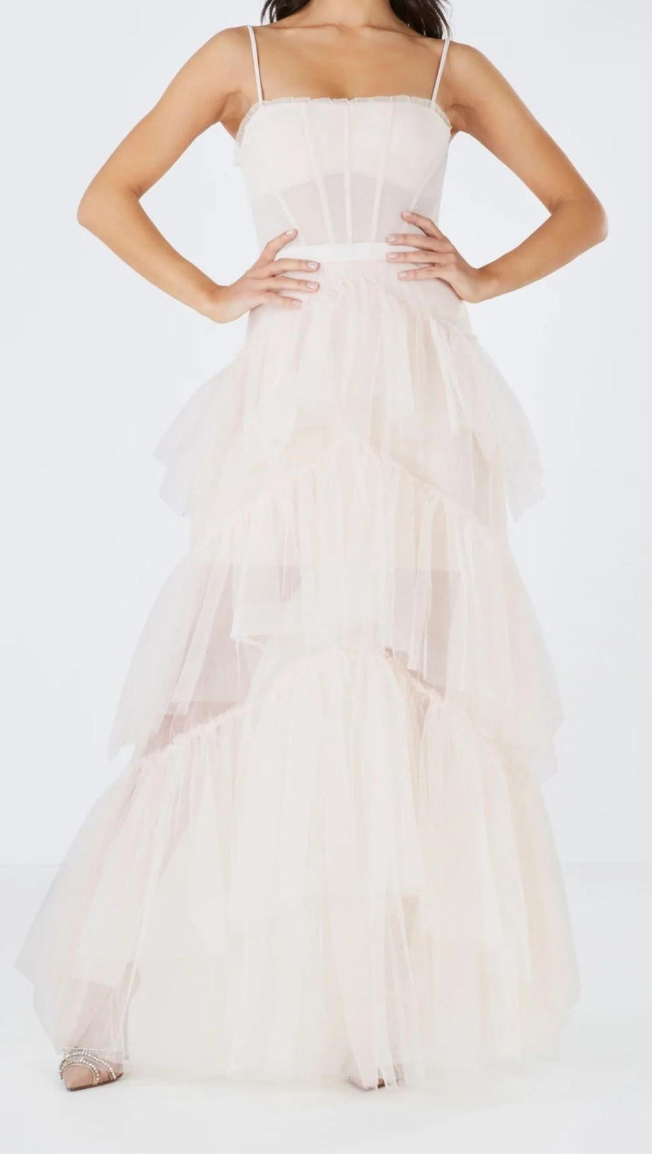 TIERED RUFFLE TULLE EVENING MAXI DRESS