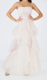 TIERED RUFFLE TULLE EVENING MAXI DRESS