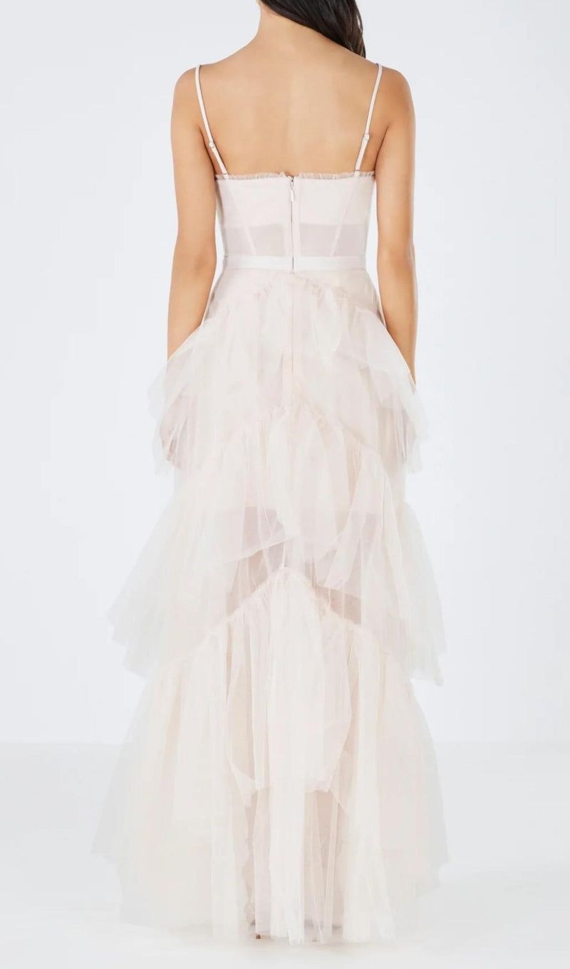 TIERED RUFFLE TULLE EVENING MAXI DRESS