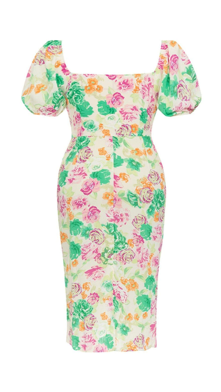 PRINTED SLIM PUFF SLEEVE SQUARE NECK HIP COVER MIDI DRESS