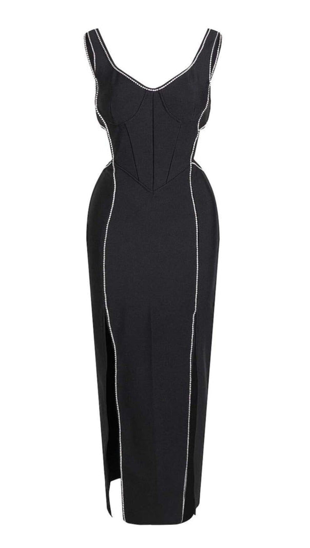 AIIZIE CRYSTAL TRIM MAXI BANDAGE DRESS IN BLACK - product image