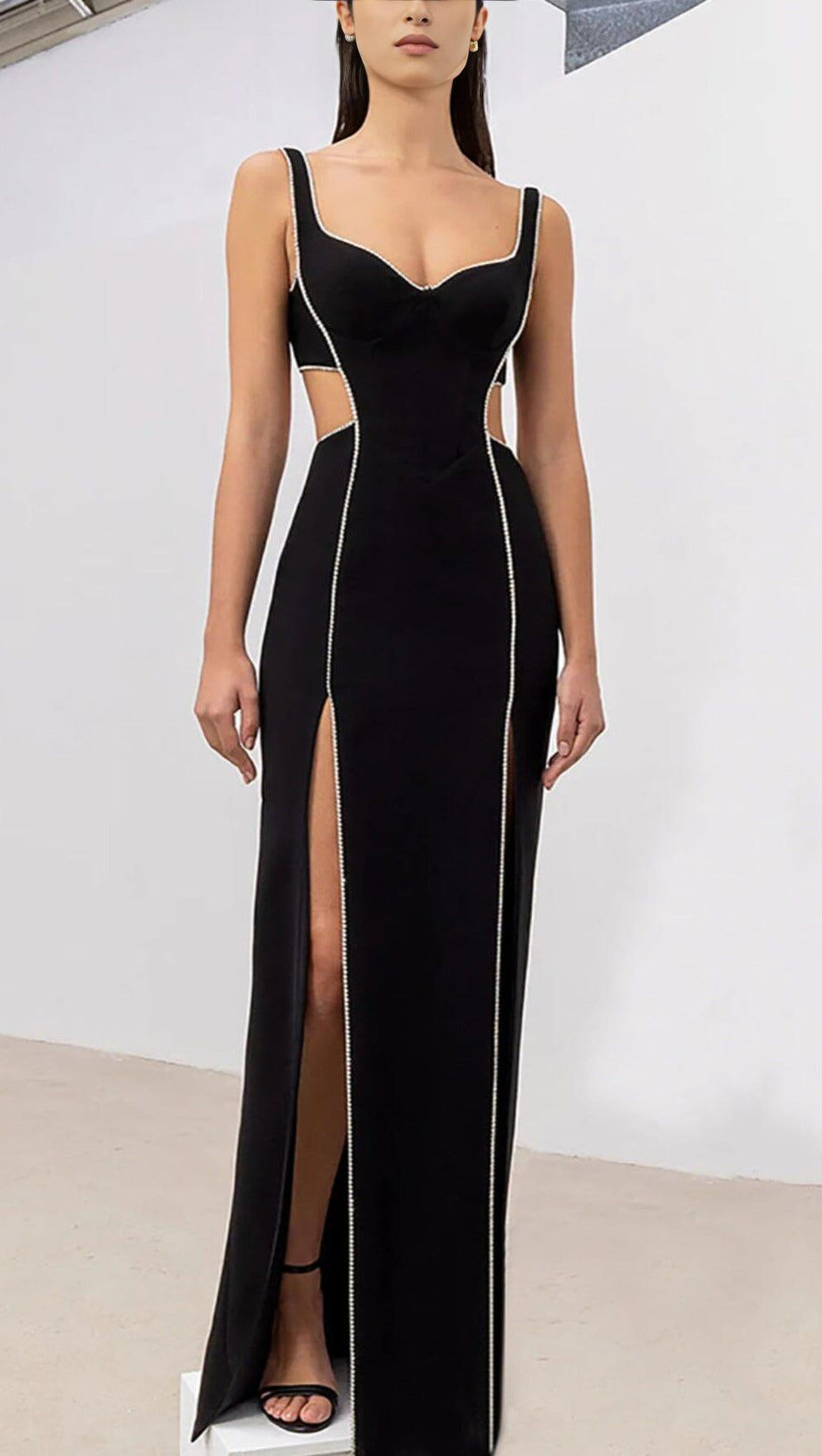 CRYSTAL TRIM MAXI BANDAGE DRESS IN BLACK