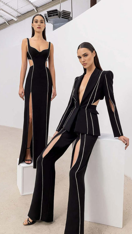 CRYSTAL TRIM MAXI BANDAGE DRESS IN BLACK