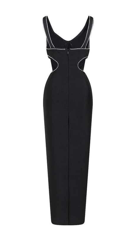 CRYSTAL TRIM MAXI BANDAGE DRESS IN BLACK