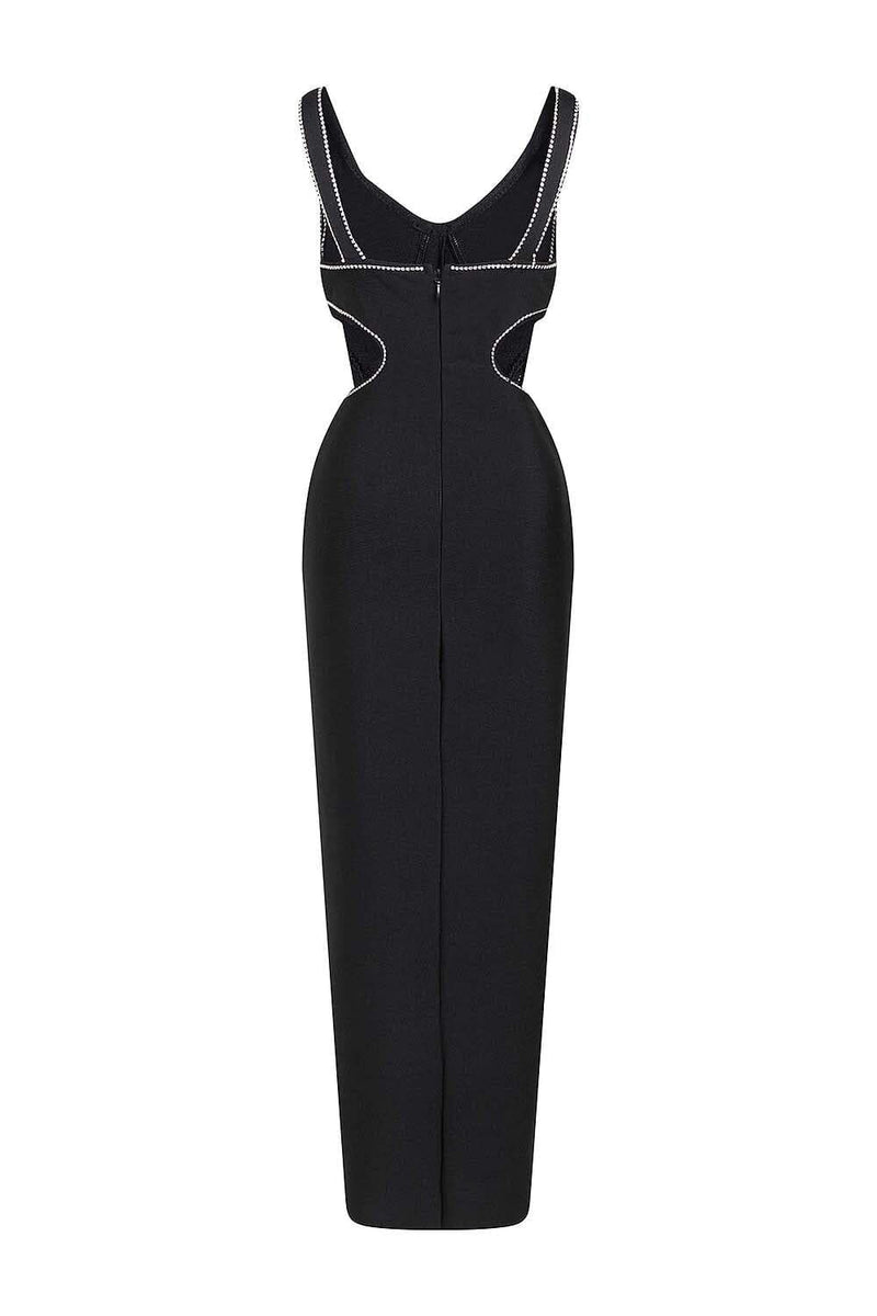 CRYSTAL TRIM MAXI BANDAGE DRESS IN BLACK