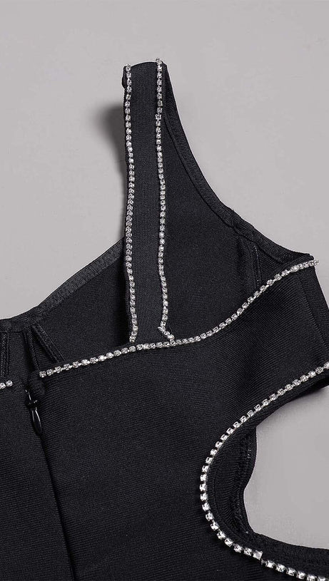 CRYSTAL TRIM MAXI BANDAGE DRESS IN BLACK