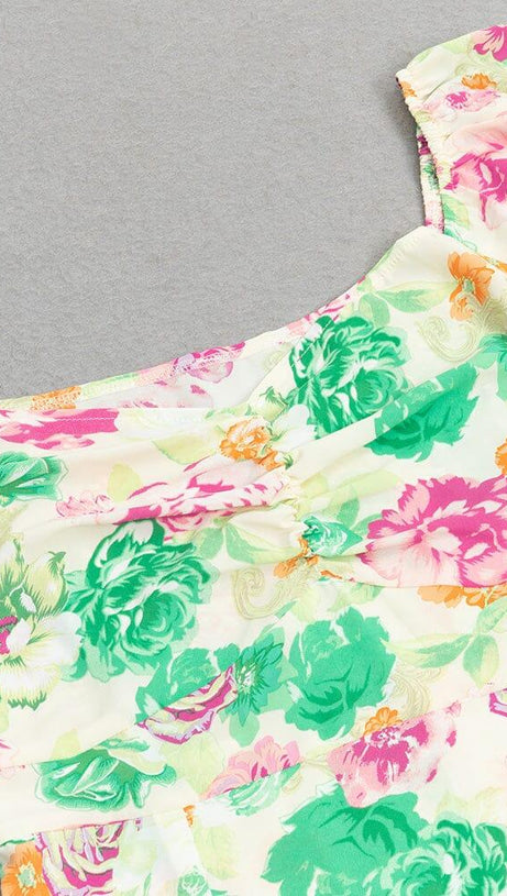 PRINTED SLIM PUFF SLEEVE SQUARE NECK HIP COVER MIDI DRESS