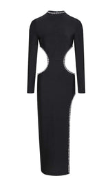 EMBELLISHED CUT OUT MAXI BANDAGE DRESS IN BLACK