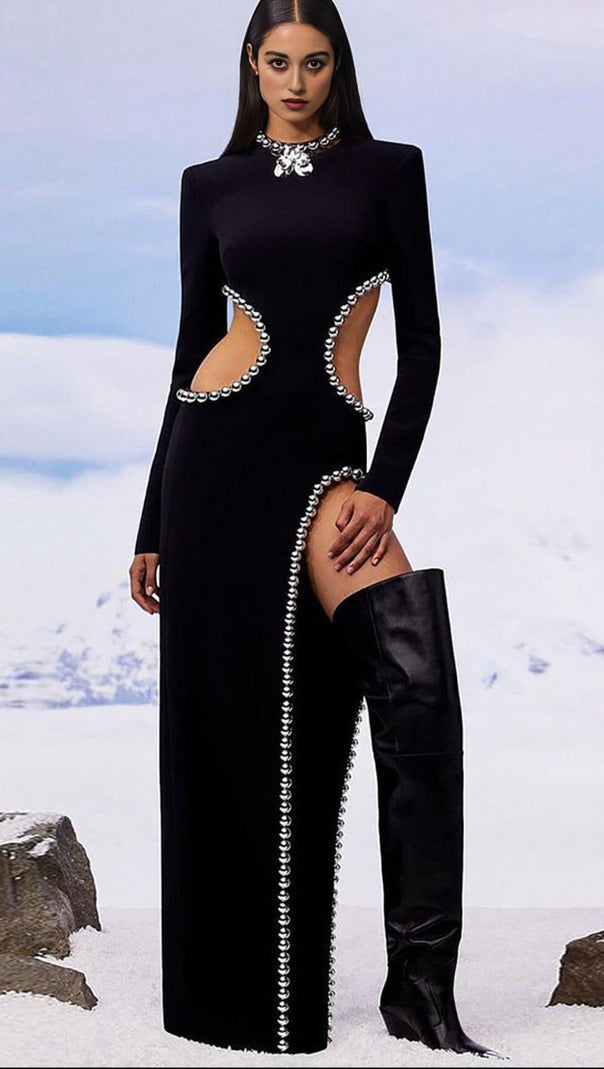 AIIZIE EMBELLISHED CUT OUT MAXI BANDAGE DRESS IN BLACK - product image