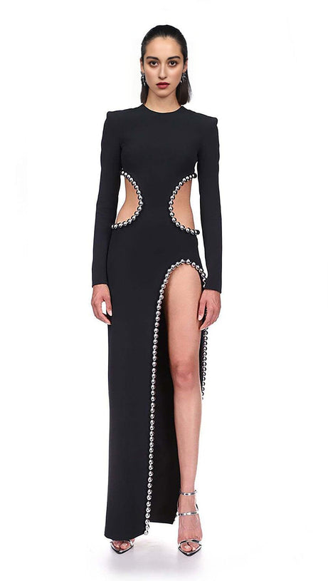 EMBELLISHED CUT OUT MAXI BANDAGE DRESS IN BLACK