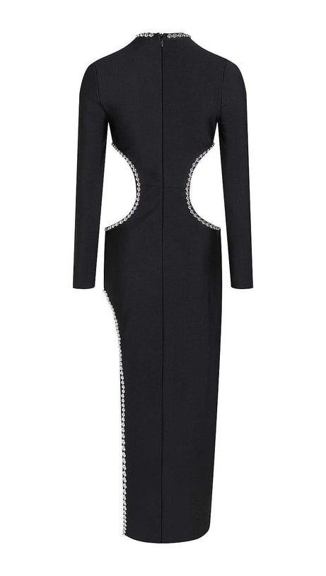 EMBELLISHED CUT OUT MAXI BANDAGE DRESS IN BLACK