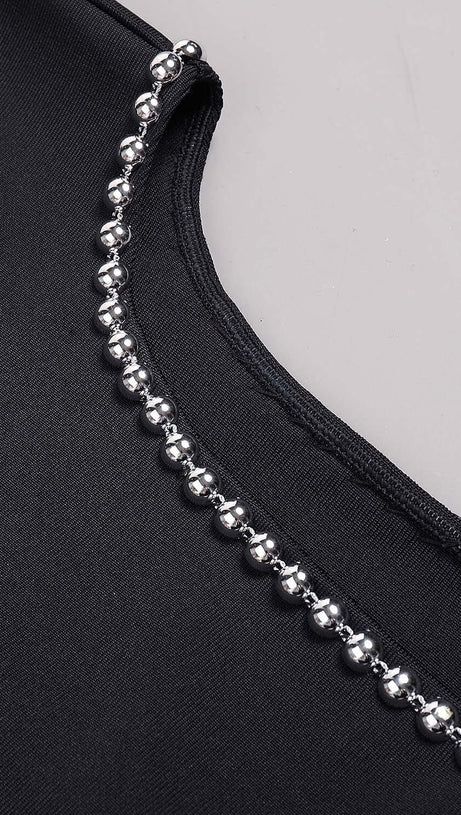 EMBELLISHED CUT OUT MAXI BANDAGE DRESS IN BLACK