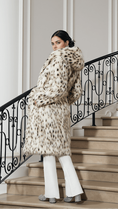 CAPPOTTO CON CAPPUCCIO IN PELLICCIA SINTETICA LEOPARDATA TALVI