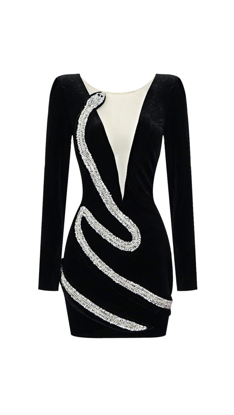 RHINESTONE SERPENTA DEEP-V VELVET MINI DRESS