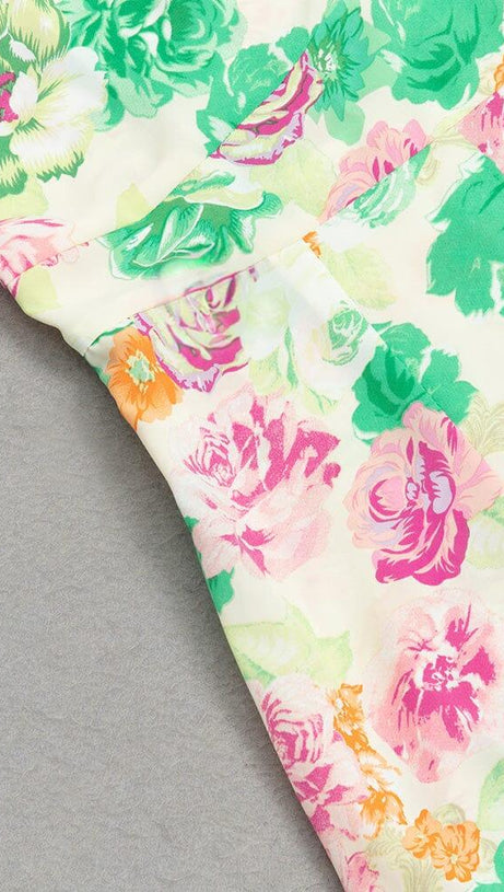 PRINTED SLIM PUFF SLEEVE SQUARE NECK HIP COVER MIDI DRESS