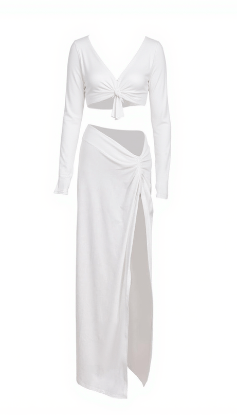 Completo a maniche lunghe con spacchi e arricciature Este bianco