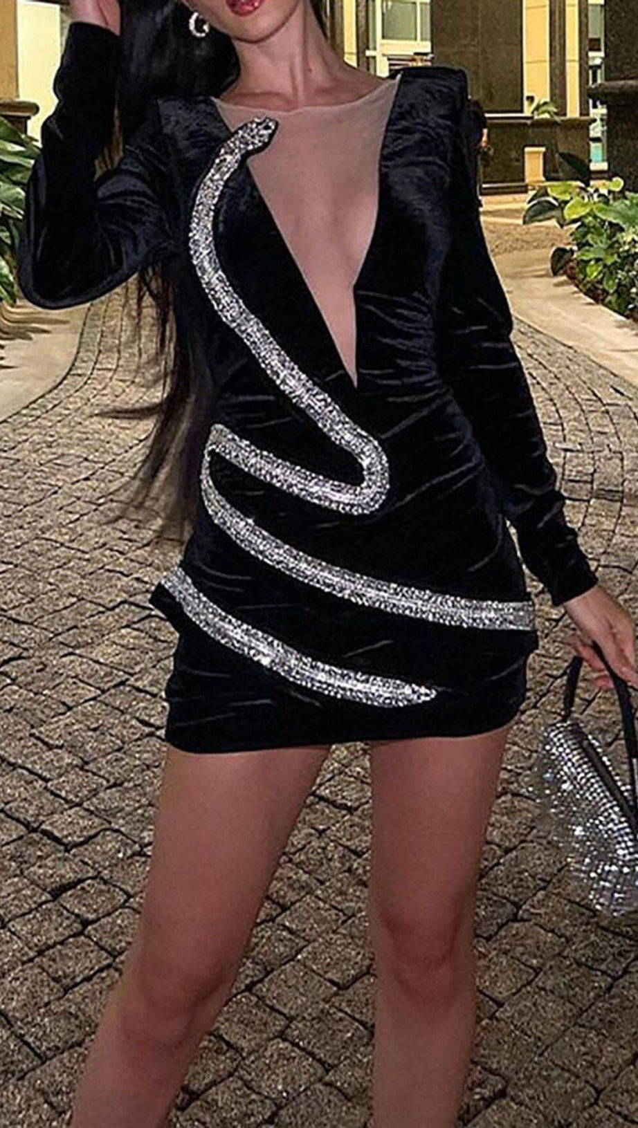 RHINESTONE SERPENTA DEEP-V VELVET MINI DRESS