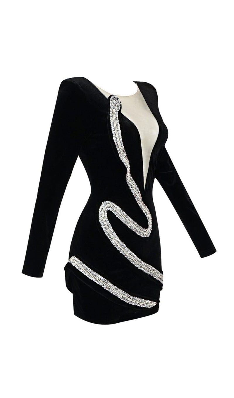 RHINESTONE SERPENTA DEEP-V VELVET MINI DRESS