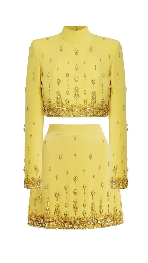 AIIZIE YELLOW HEAVY INDUSTRY CRYSTAL BEADS SET SEXY SHORT TOP & DRESS - product image