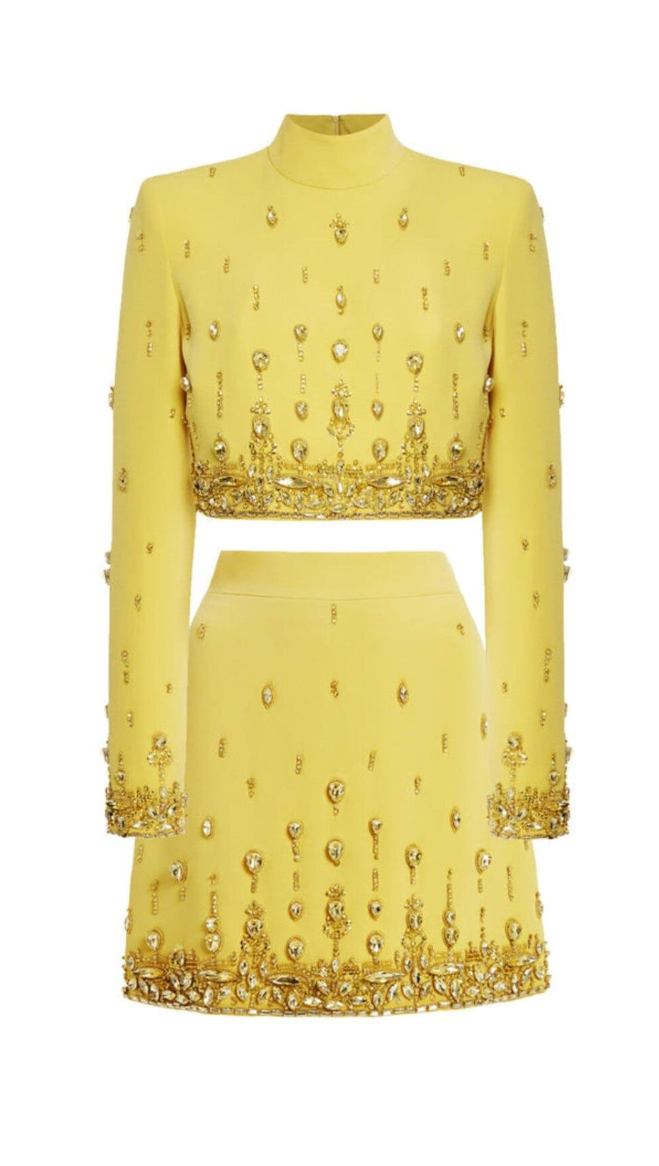 YELLOW HEAVY INDUSTRY CRYSTAL BEADS SET SEXY SHORT TOP & DRESS