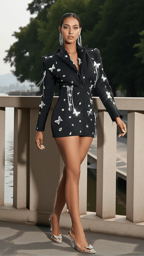 FOY BUTTERFLY EMBELLISHED FRINGE BLAZER DRESS