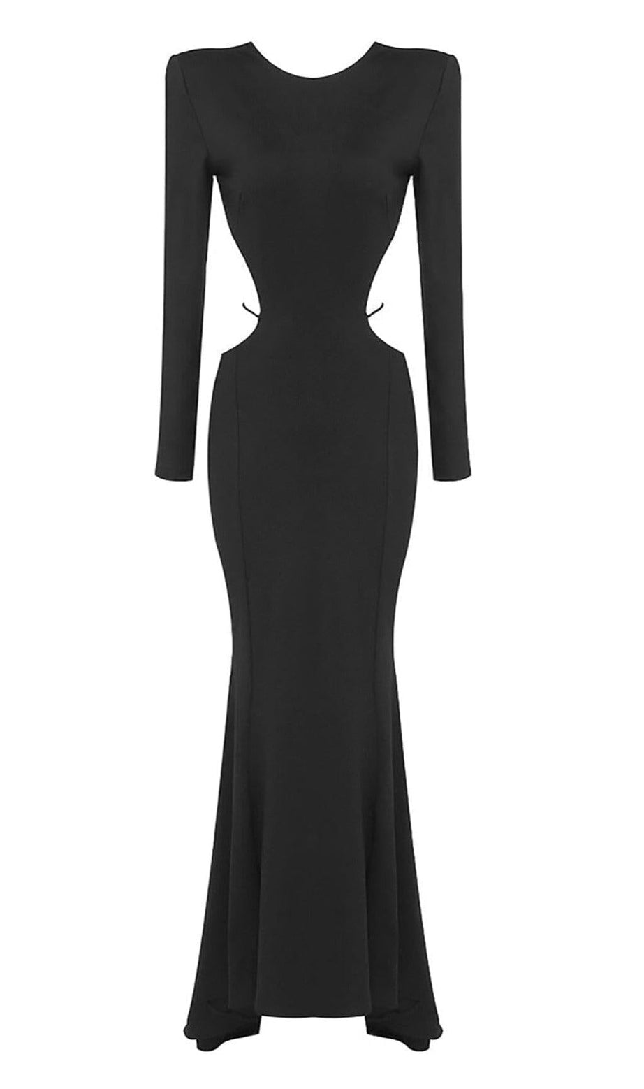 LANGÄRMELIGES RÜCKENFREIES MEERJUNGFRAUEN-MAXIKLEID MIT AUSSCHNITT IN SCHWARZ