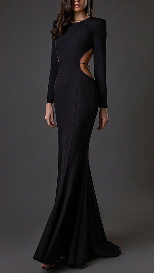 AIIZIE LONG SLEEVE CUT OUT BACKLESS MERMAID MAXI DRESS IN BLACK - product image