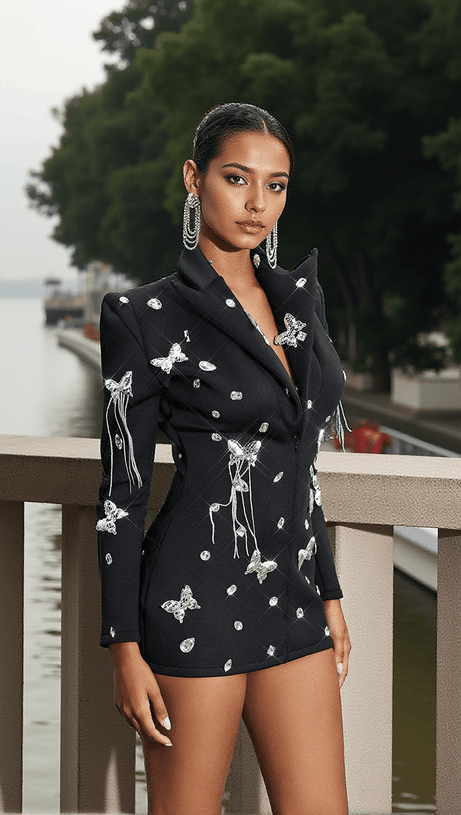 FOY BUTTERFLY EMBELLISHED FRINGE BLAZER DRESS