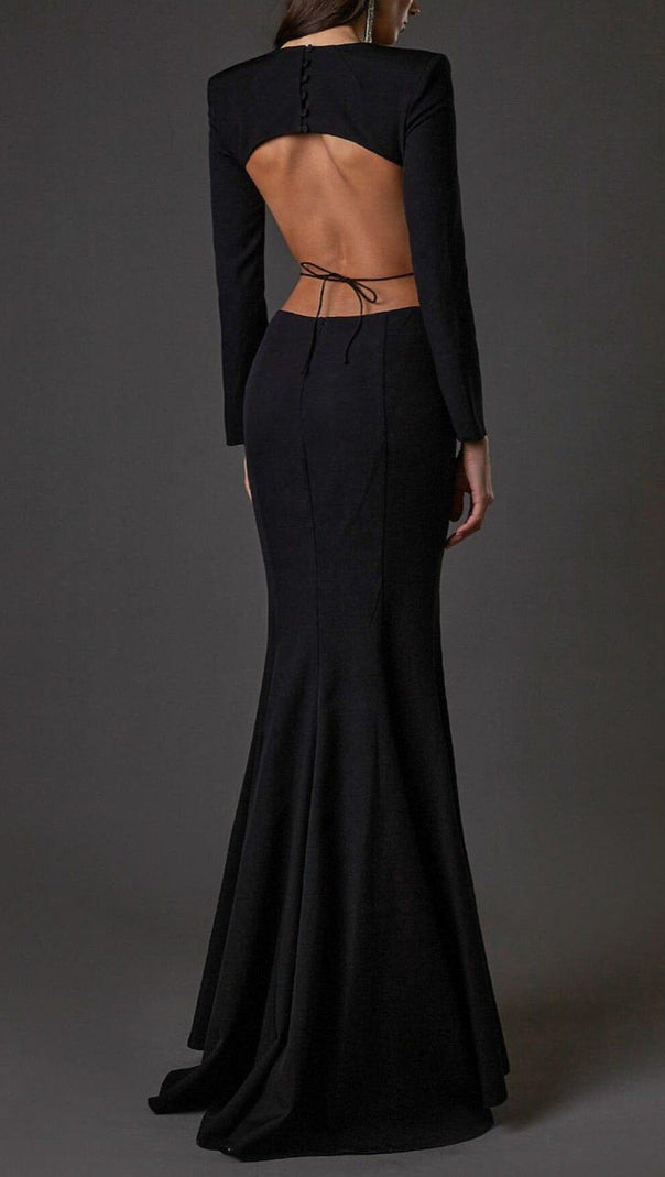 AIIZIE LONG SLEEVE CUT OUT BACKLESS MERMAID MAXI DRESS IN BLACK - product image