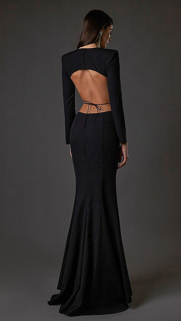 AIIZIE LONG SLEEVE CUT OUT BACKLESS MERMAID MAXI DRESS IN BLACK - product image