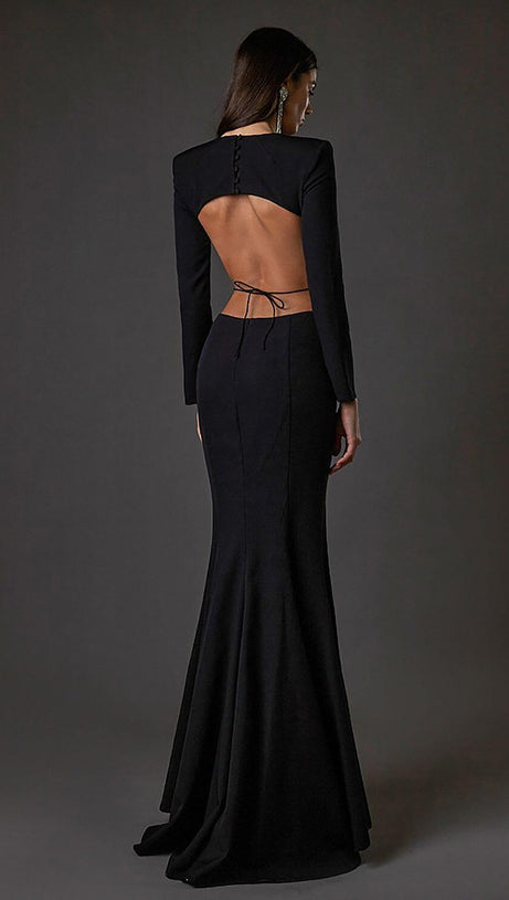 LONG SLEEVE CUT OUT BACKLESS MERMAID MAXI DRESS IN BLACK