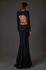 LONG SLEEVE CUT OUT BACKLESS MERMAID MAXI DRESS IN BLACK