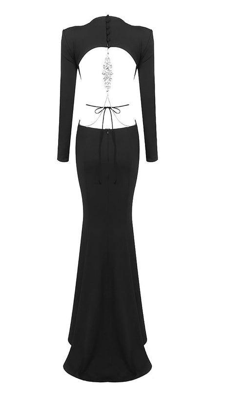 LONG SLEEVE CUT OUT BACKLESS MERMAID MAXI DRESS IN BLACK