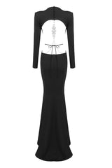 LONG SLEEVE CUT OUT BACKLESS MERMAID MAXI DRESS IN BLACK