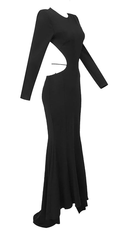 LONG SLEEVE CUT OUT BACKLESS MERMAID MAXI DRESS IN BLACK