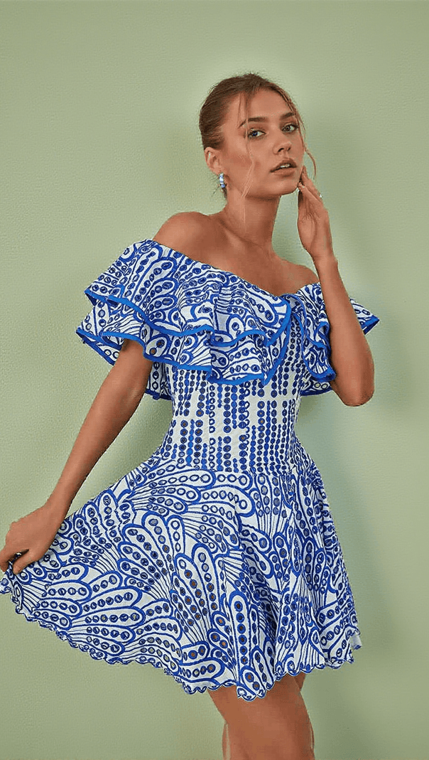 AIIZIE PRINCESS RUFFLE CUTOUT MINI DRESS IN BLUE - product image