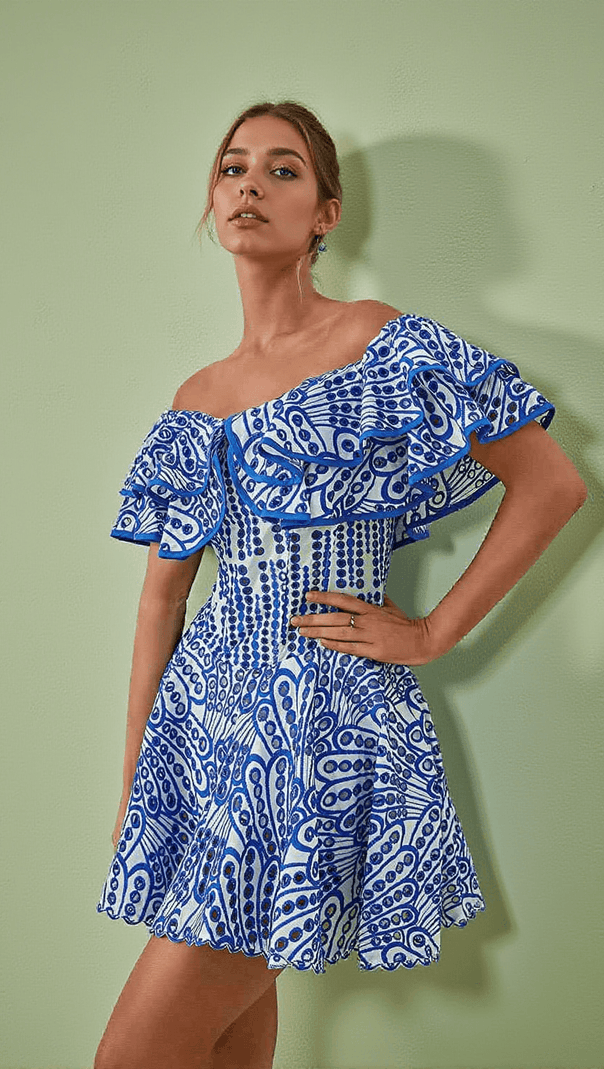 AIIZIE PRINCESS RUFFLE CUTOUT MINI DRESS IN BLUE - product image