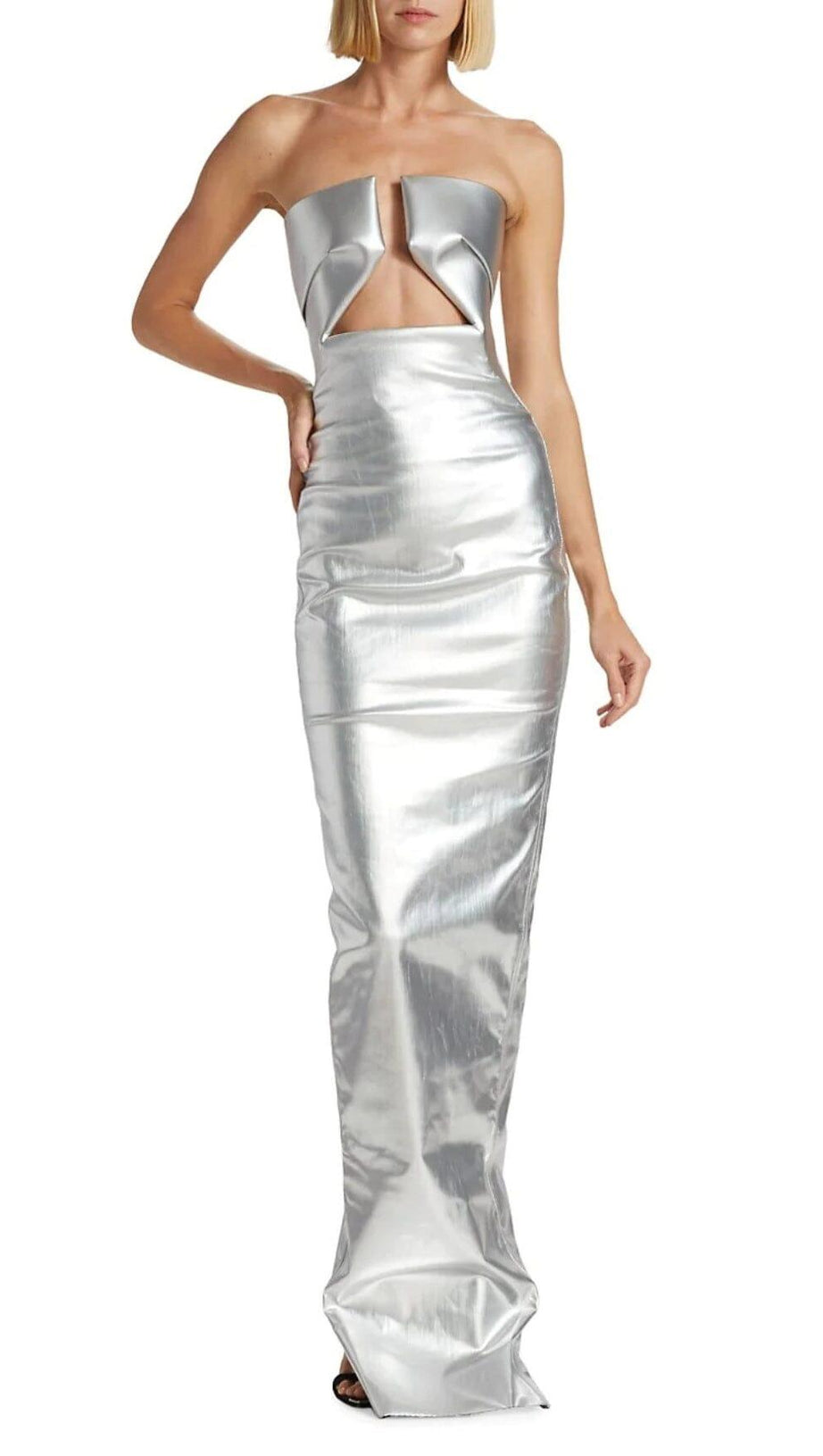 FAUX LEATHER STRAPLESS MAXI DRESS IN SILVER
