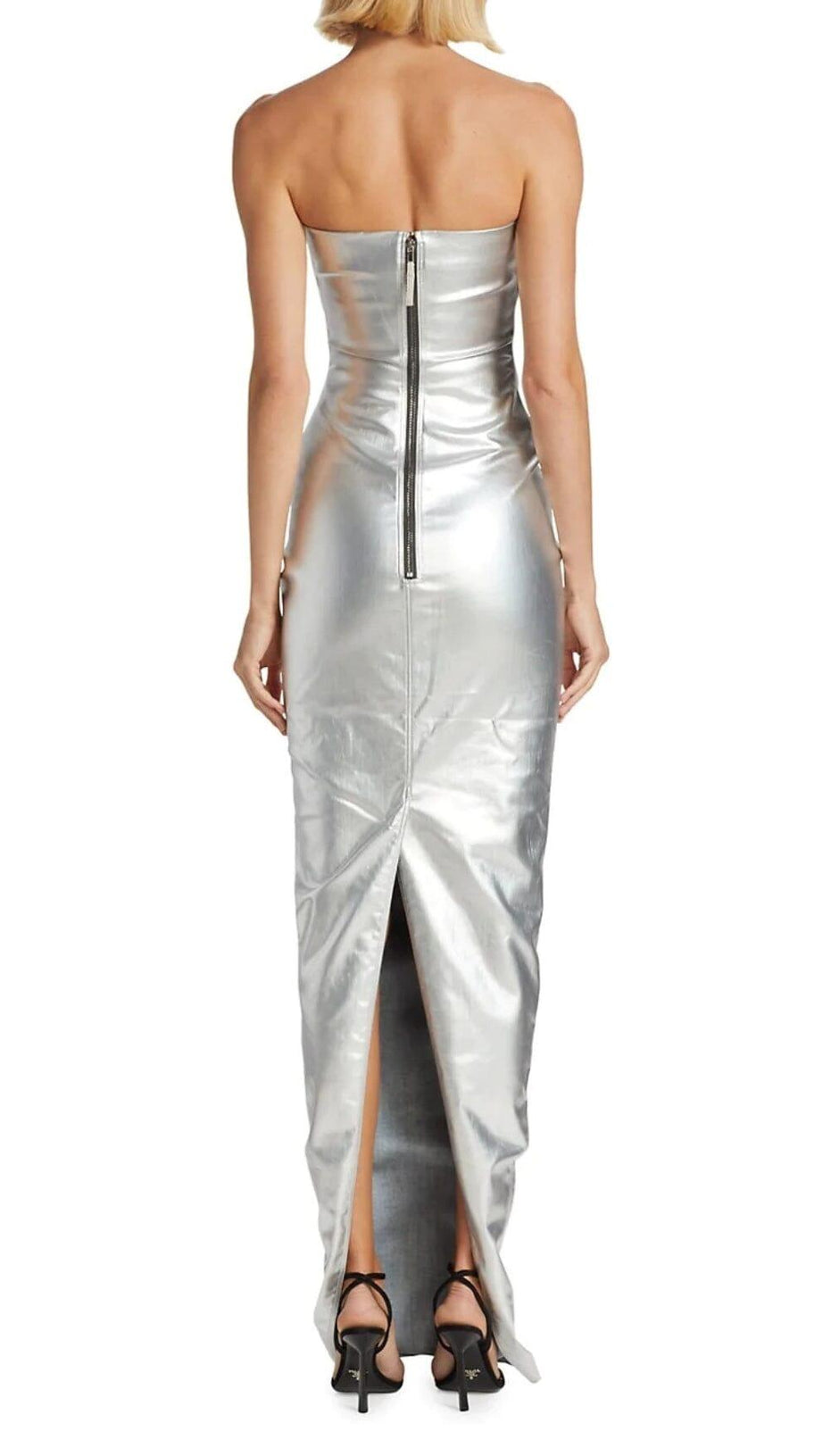 FAUX LEATHER STRAPLESS MAXI DRESS IN SILVER